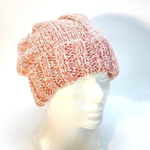 NWT HandKnit Ribbed Fold Brim Beanie Hat is Heather Pink Tweed Size Ladies Large